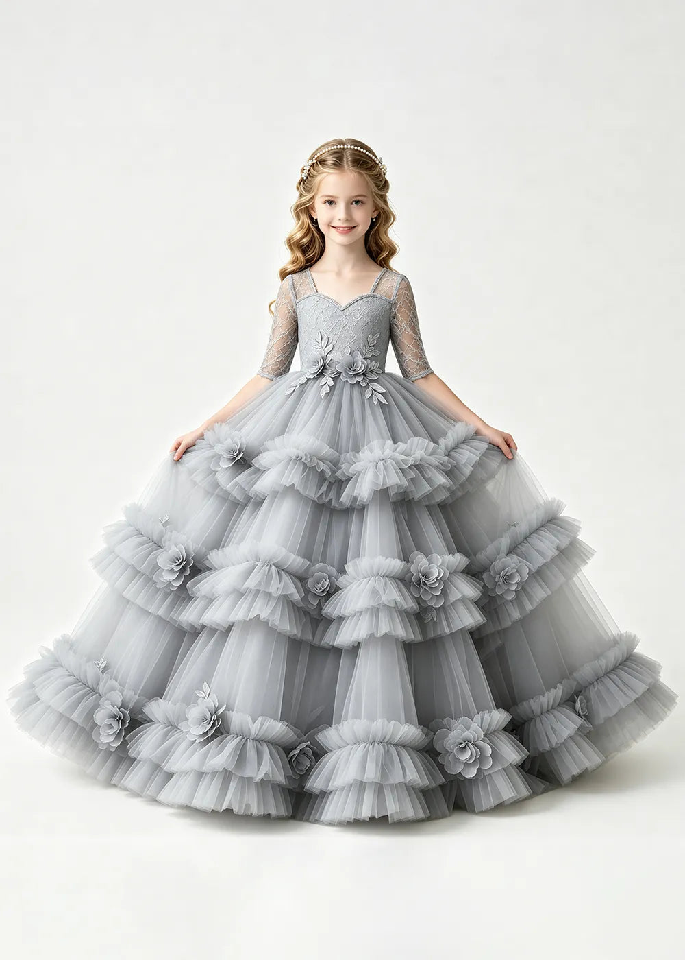 Layered Floral Tulle Ball Gown Dress for Girls