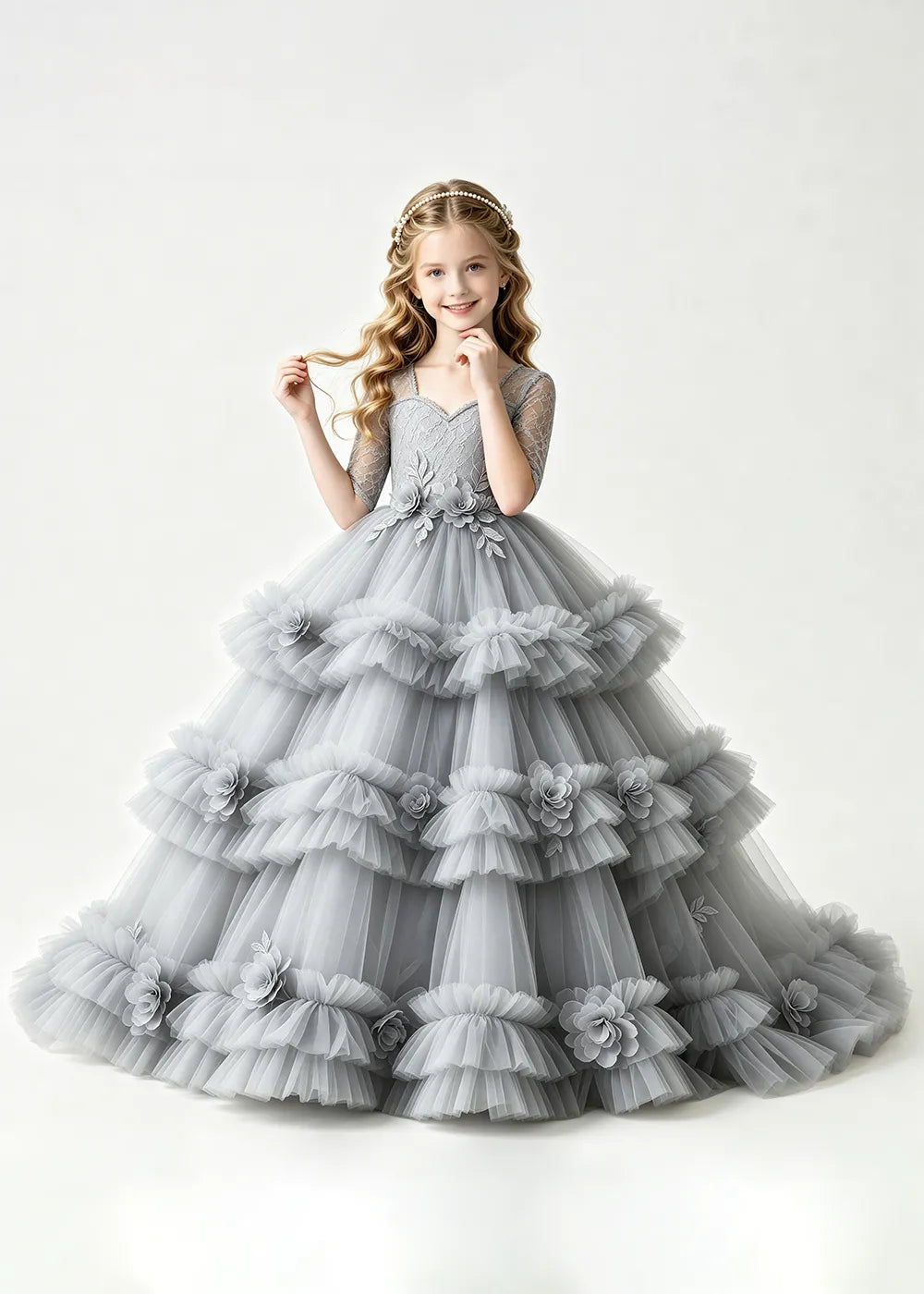 Layered Floral Tulle Ball Gown Dress for Girls