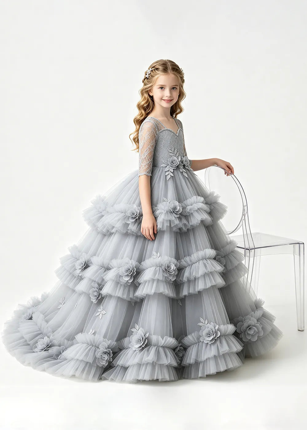 Layered Floral Tulle Ball Gown Dress for Girls