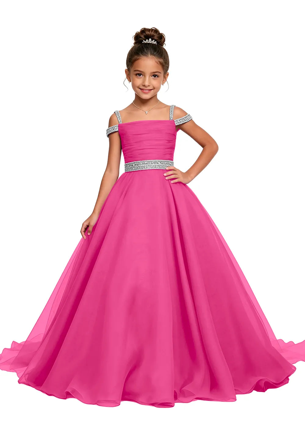 Beaded Strap Off-Shoulder Girls Ball Gown