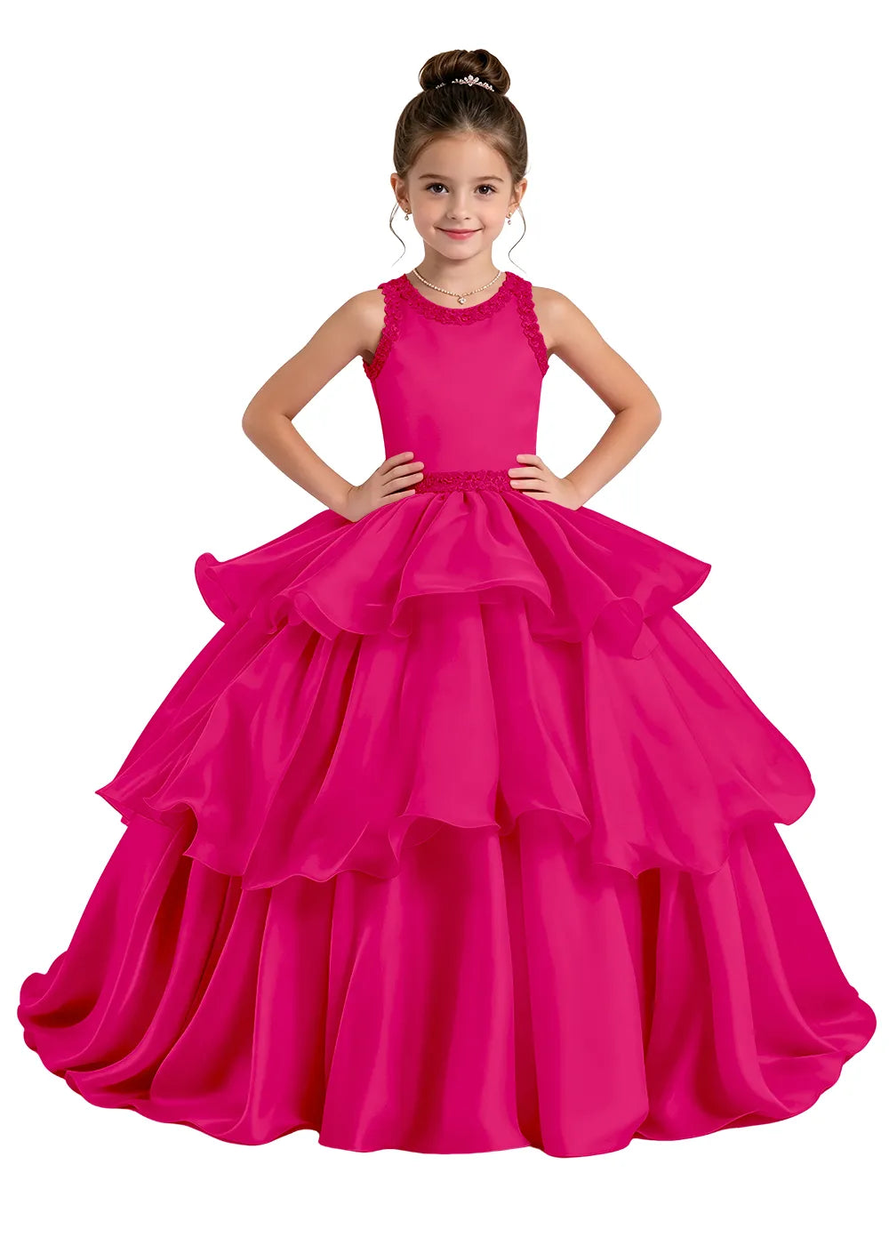 Lace-Trim Tiered Satin Girls Birthday Ball Gown