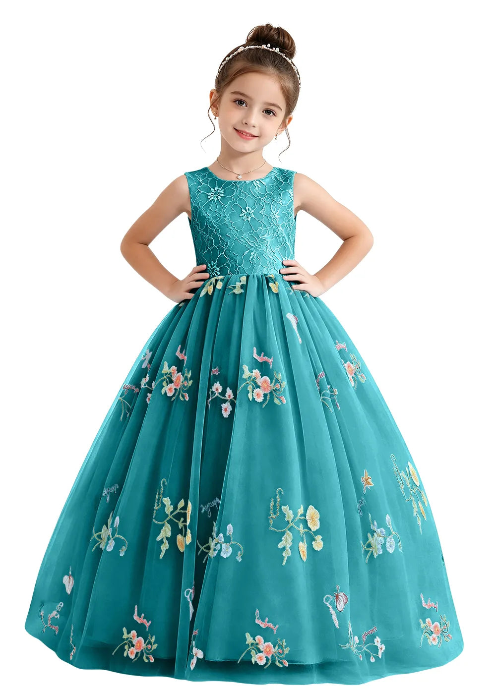 Floral Embroidered Tulle Flower Girl Dress