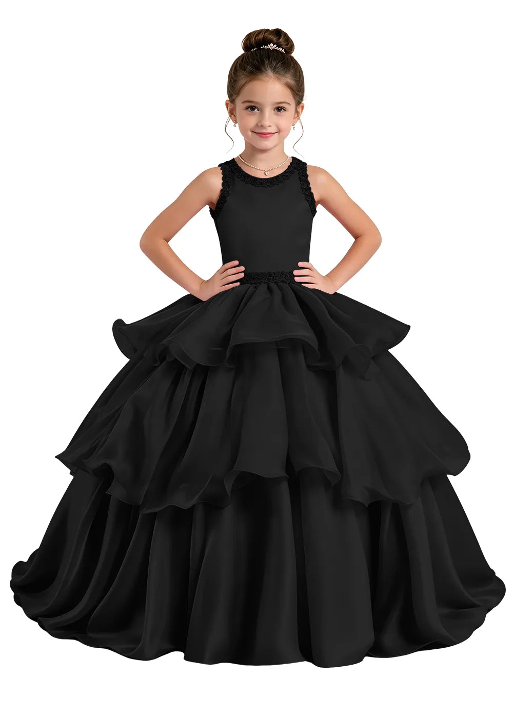Lace-Trim Tiered Satin Girls Birthday Ball Gown