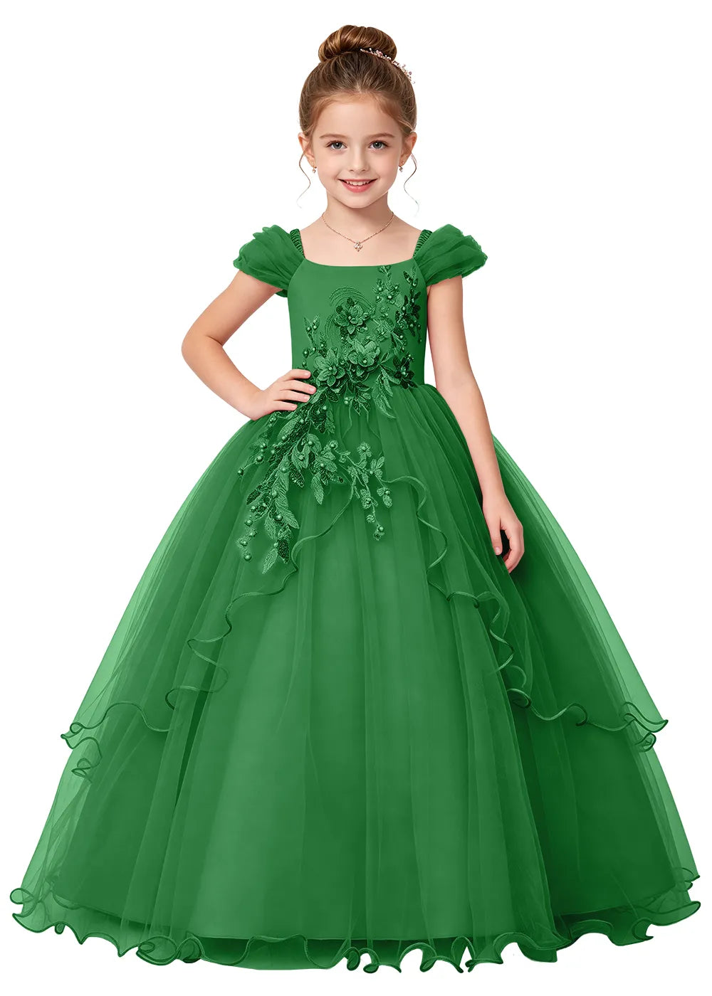 Floral Applique Tulle Girls Princess Dress