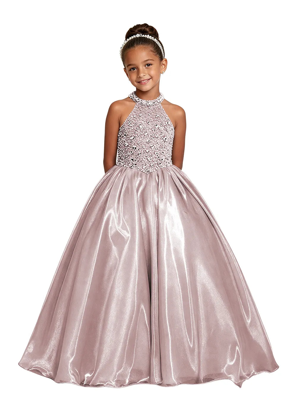 Jeweled Halter Satin Girls Ball Gown