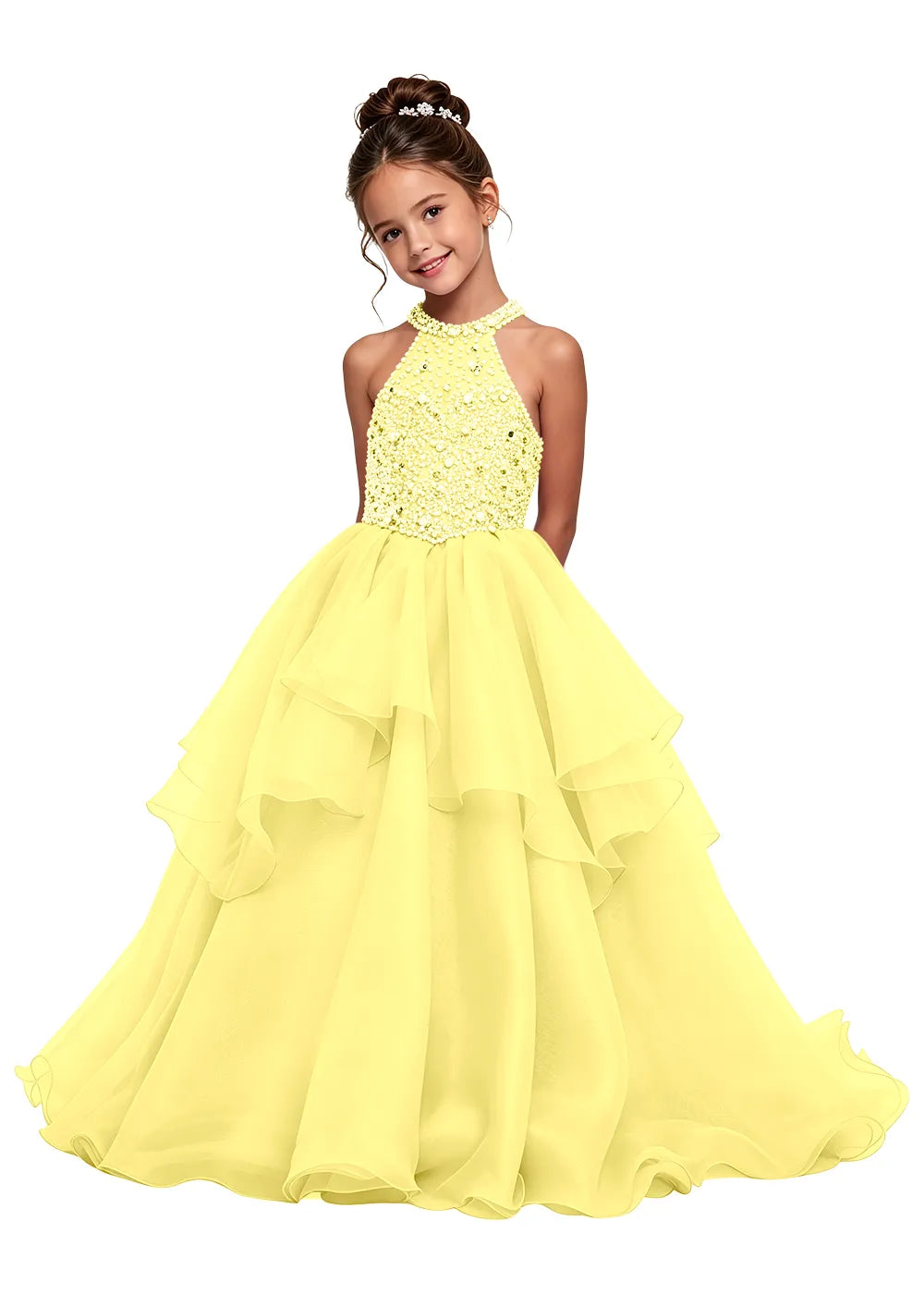 Beaded Halter Tiered Girls Pageant Dress