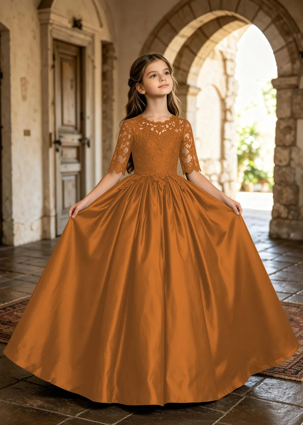 Floral Lace Satin Ball Gown for Girls