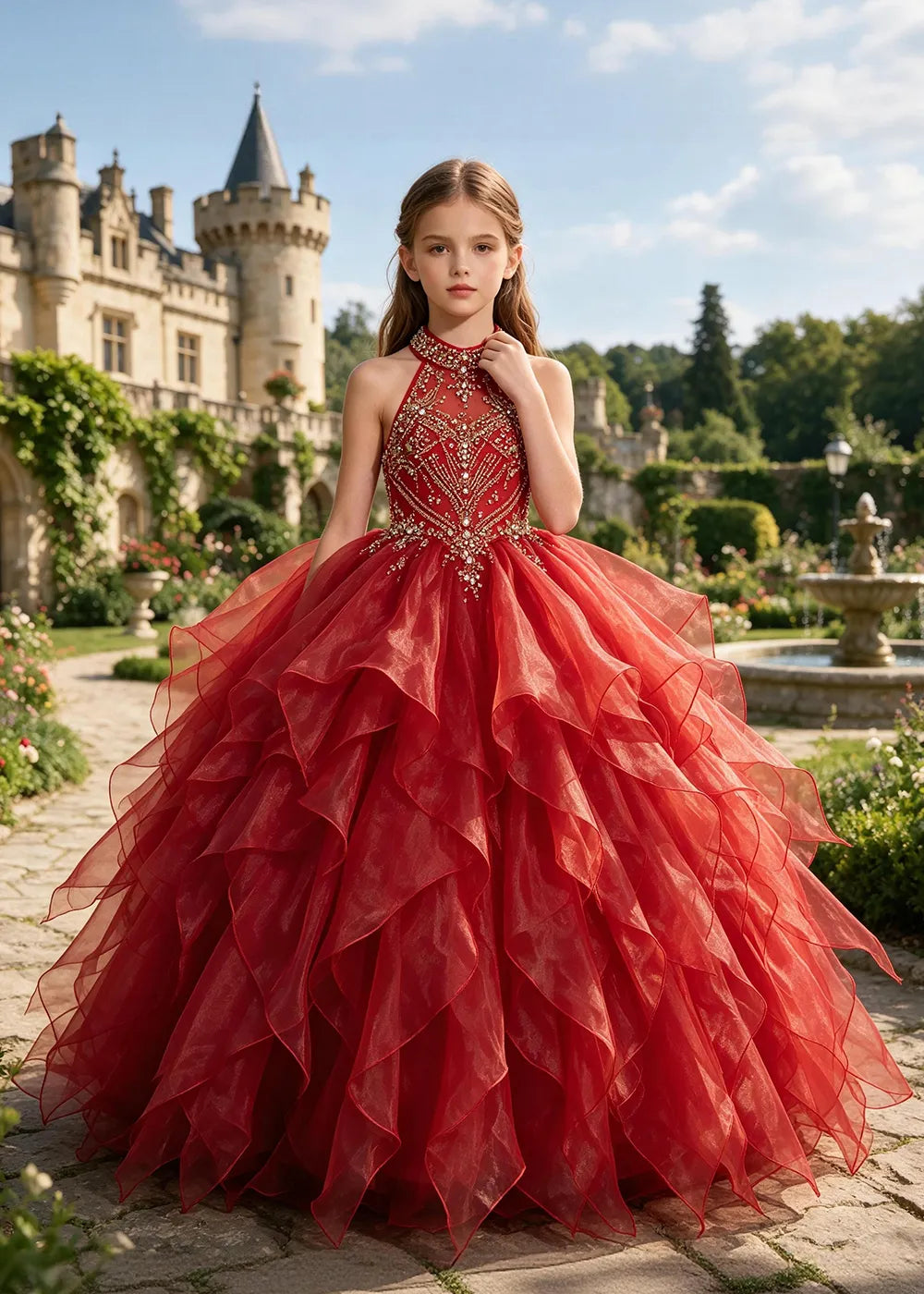 Embellished Halter Pageant Ball Gown for Girls