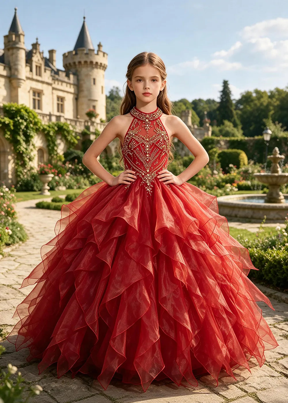 Embellished Halter Pageant Ball Gown for Girls