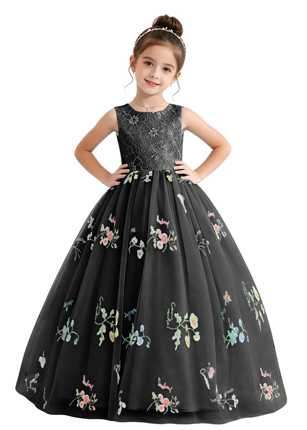 Floral Embroidered Tulle Flower Girl Dress