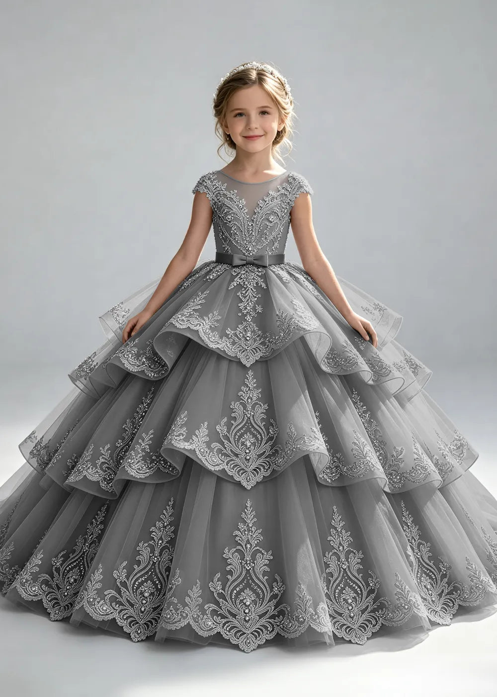 Embroidered Illusion Neck Tiered Pageant Ball Gown