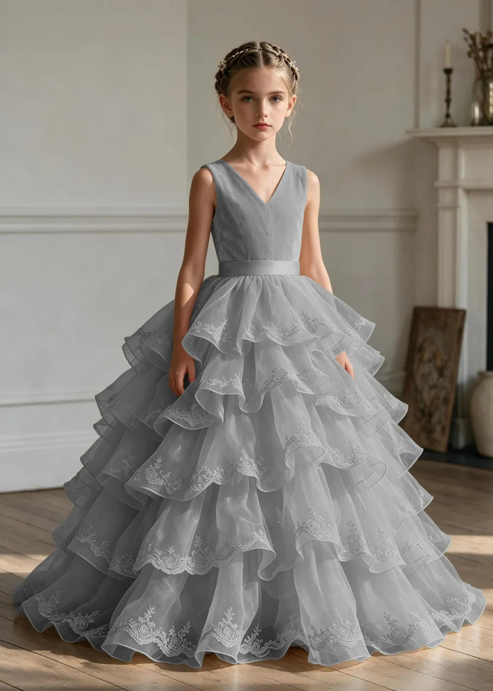 Elegant Girls Satin Princess Dress with Layered Ruffle Skirt
