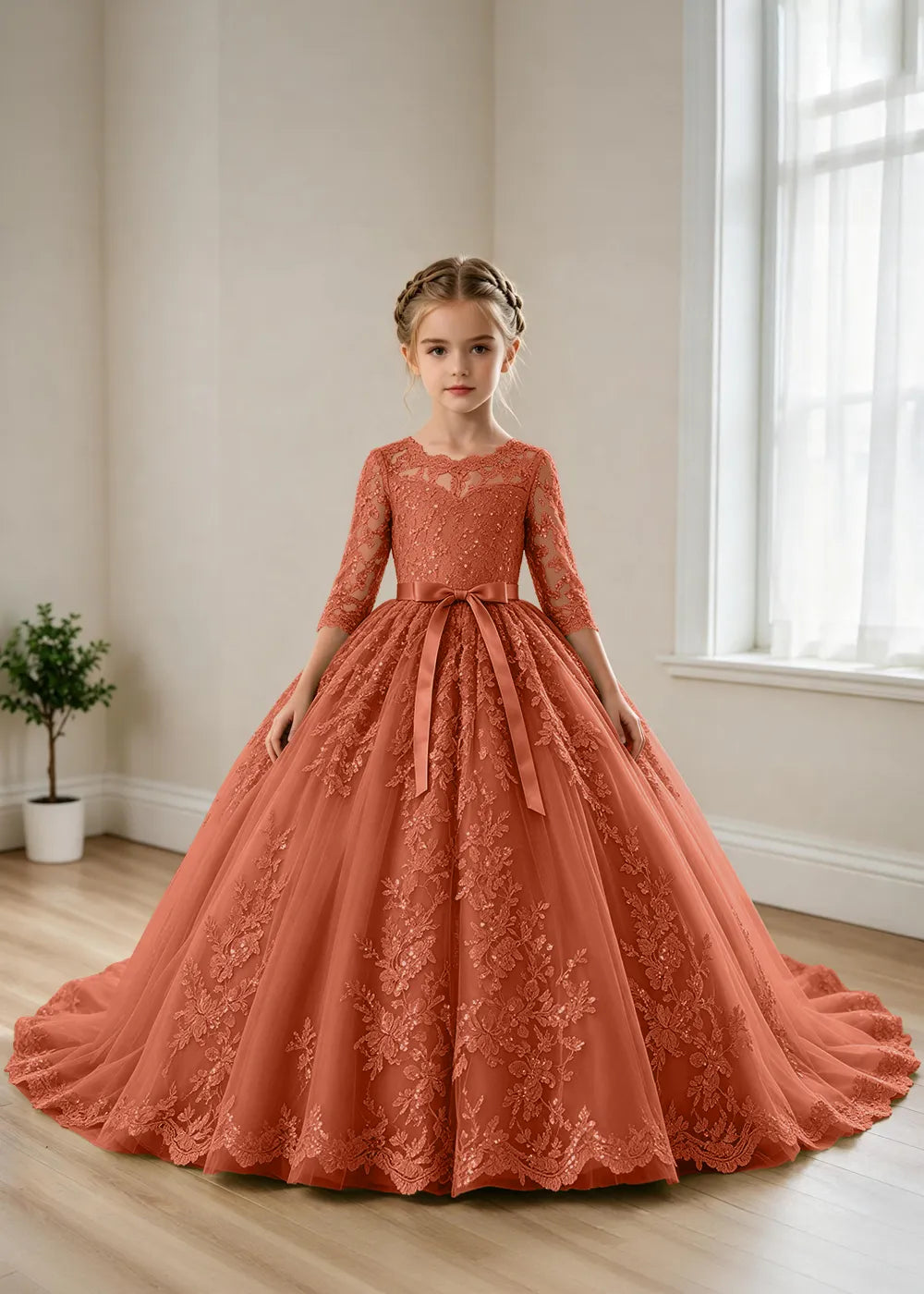 Elegant Lace Princess Dress with Full Tulle Skirt for Girls