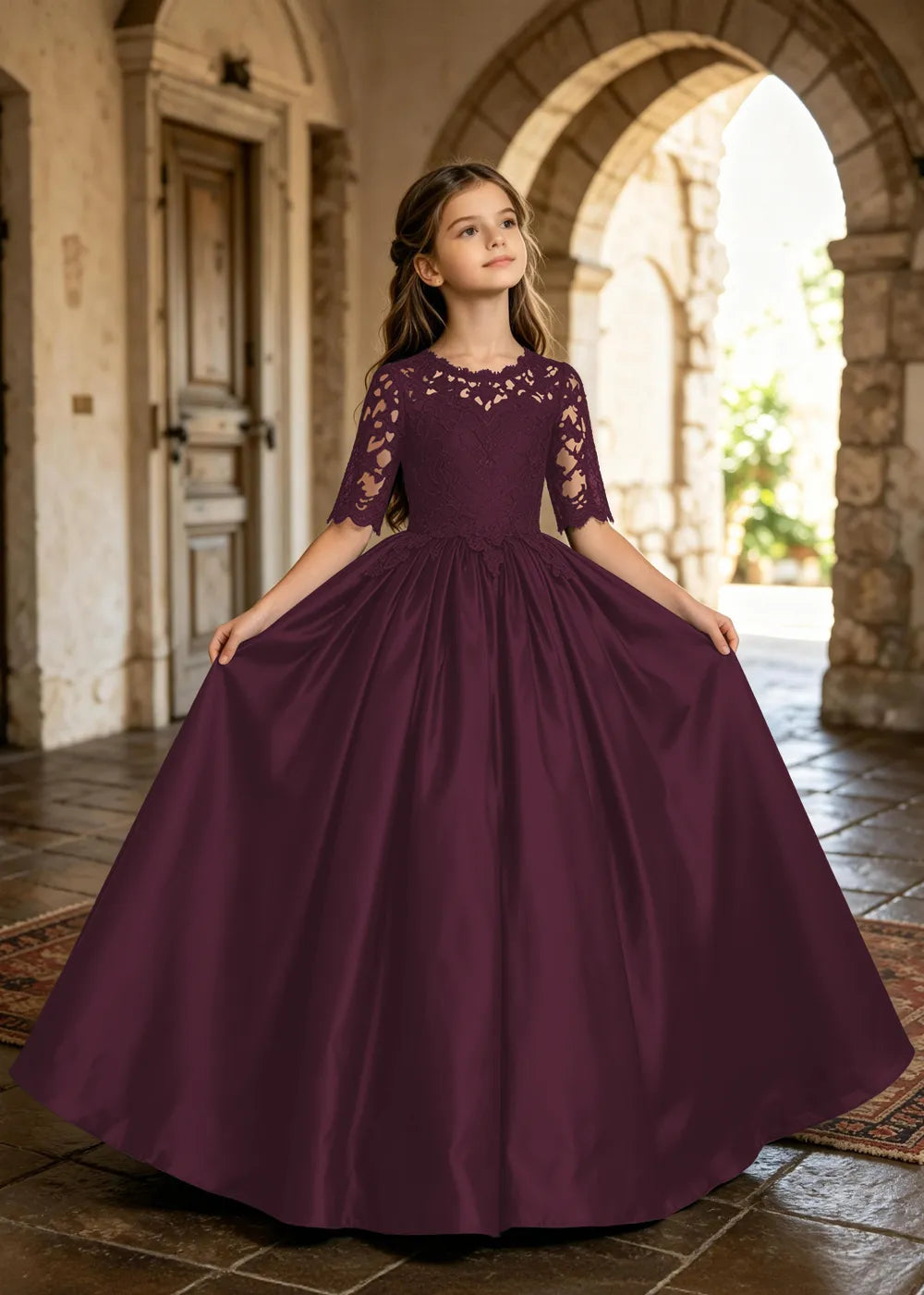 Floral Lace Satin Ball Gown for Girls