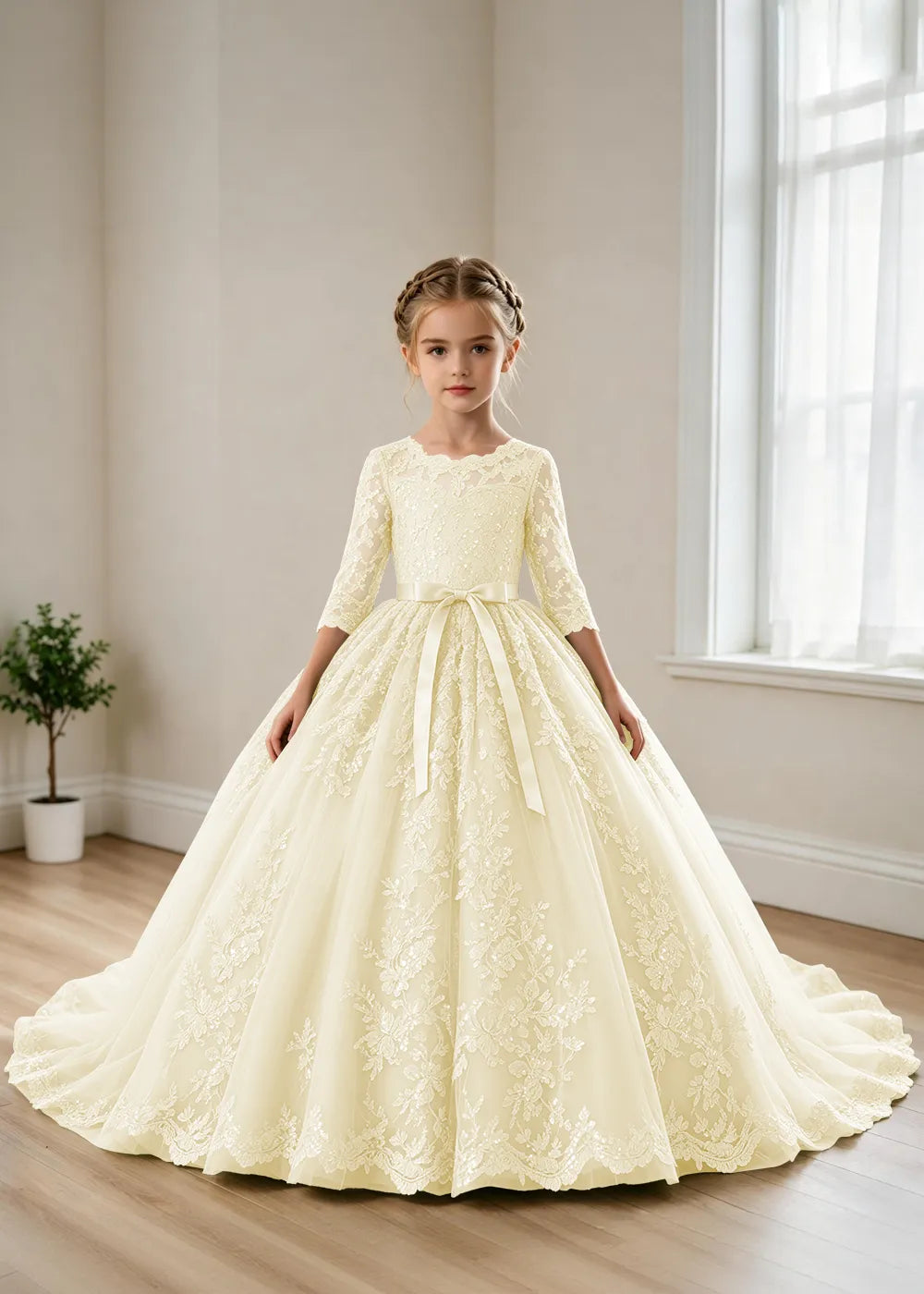 Elegant Lace Princess Dress with Full Tulle Skirt for Girls
