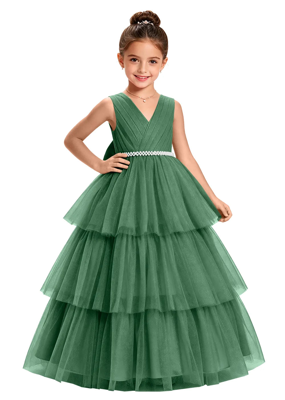 V-Neck Tiered Tulle Girls Princess Dress
