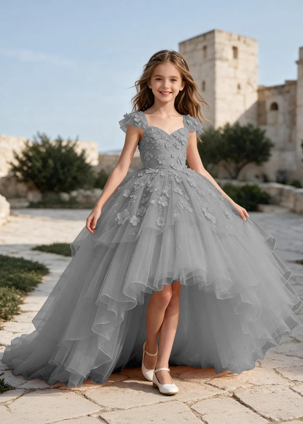 Elegant Flower Appliqué Princess Dress
