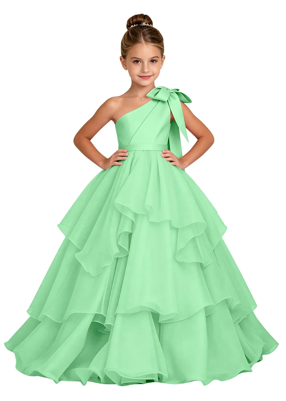 One-Shoulder Bow Tulle Girls Ball Gown