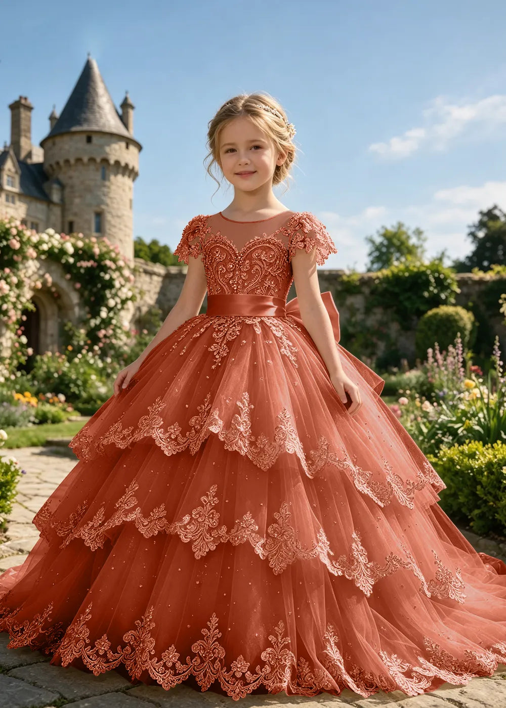 Tiered Lace Flower Girl Ball Gown with Satin Bow