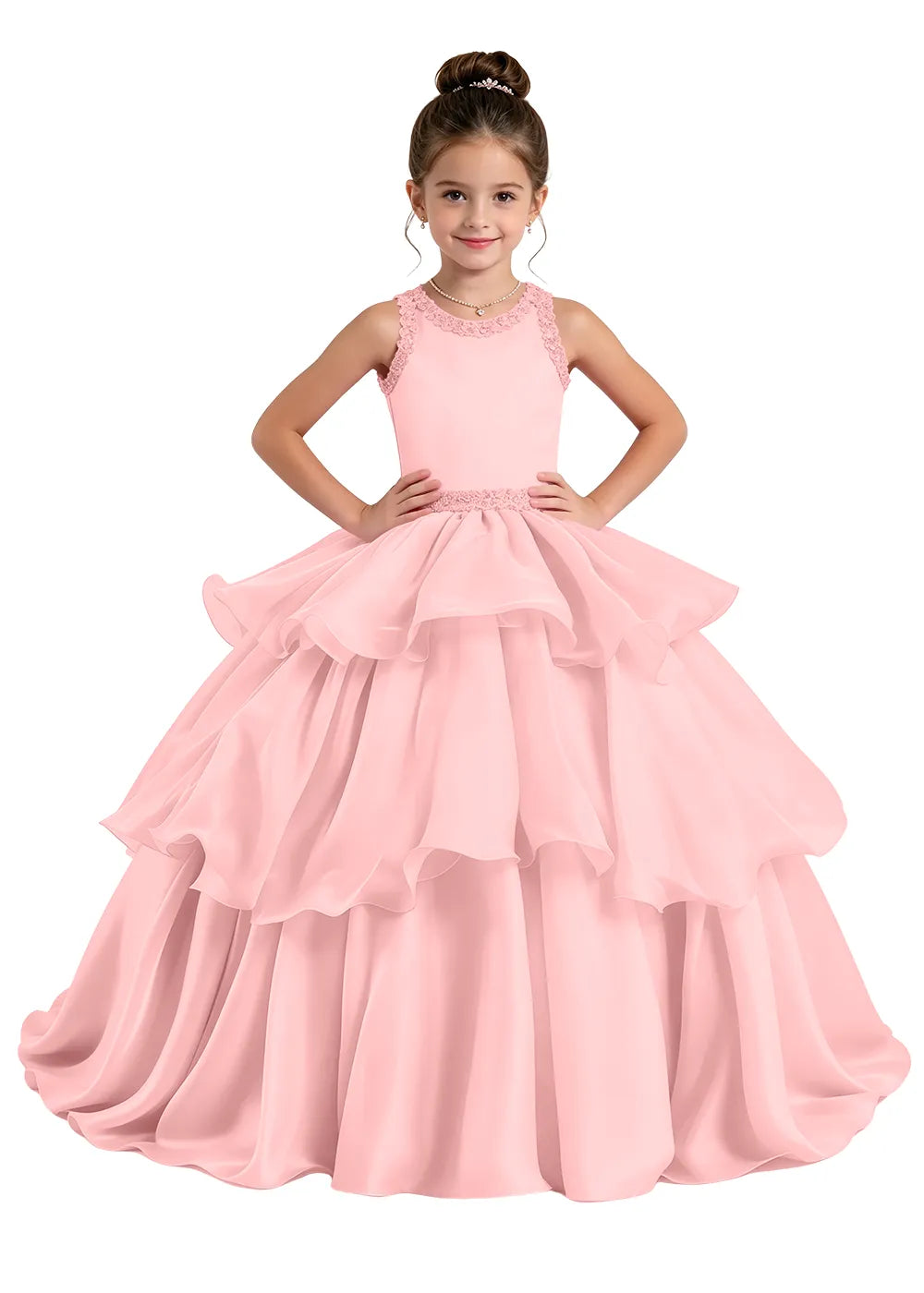 Lace-Trim Tiered Satin Girls Birthday Ball Gown