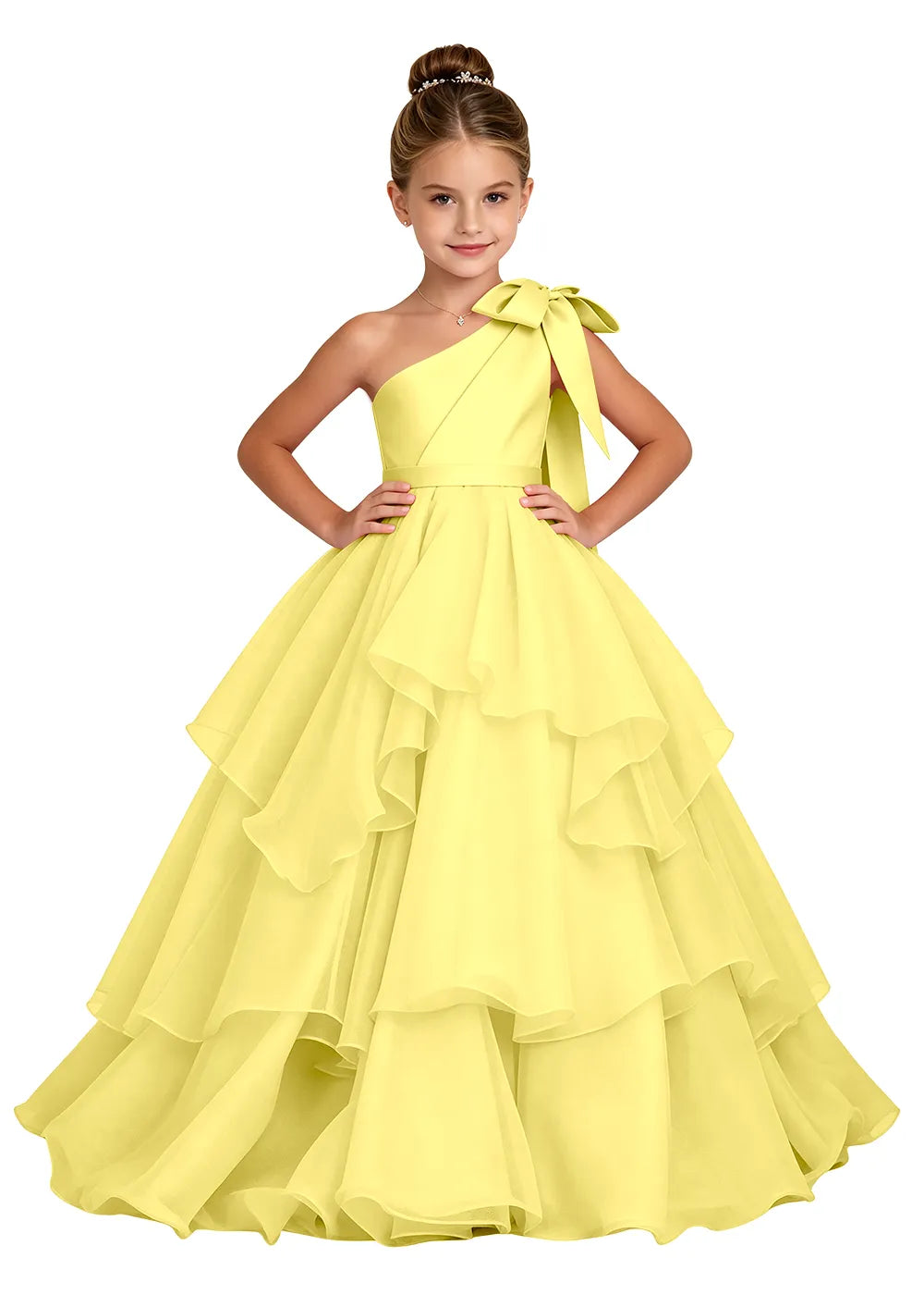 One-Shoulder Bow Tulle Girls Ball Gown