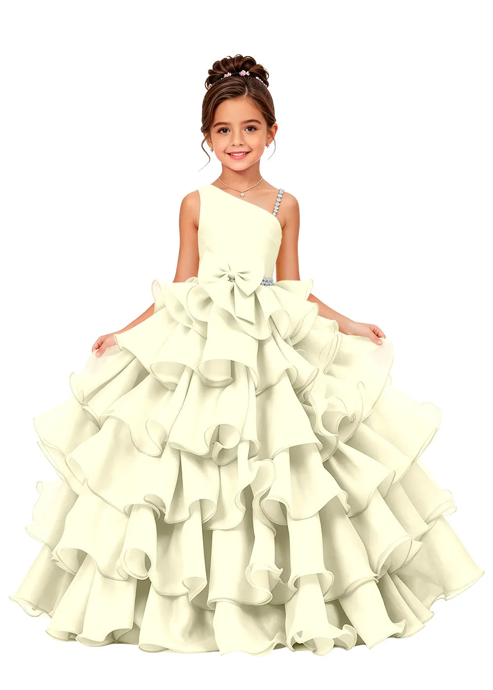 Jeweled Strap Bow-Waist Organza Princess Gown