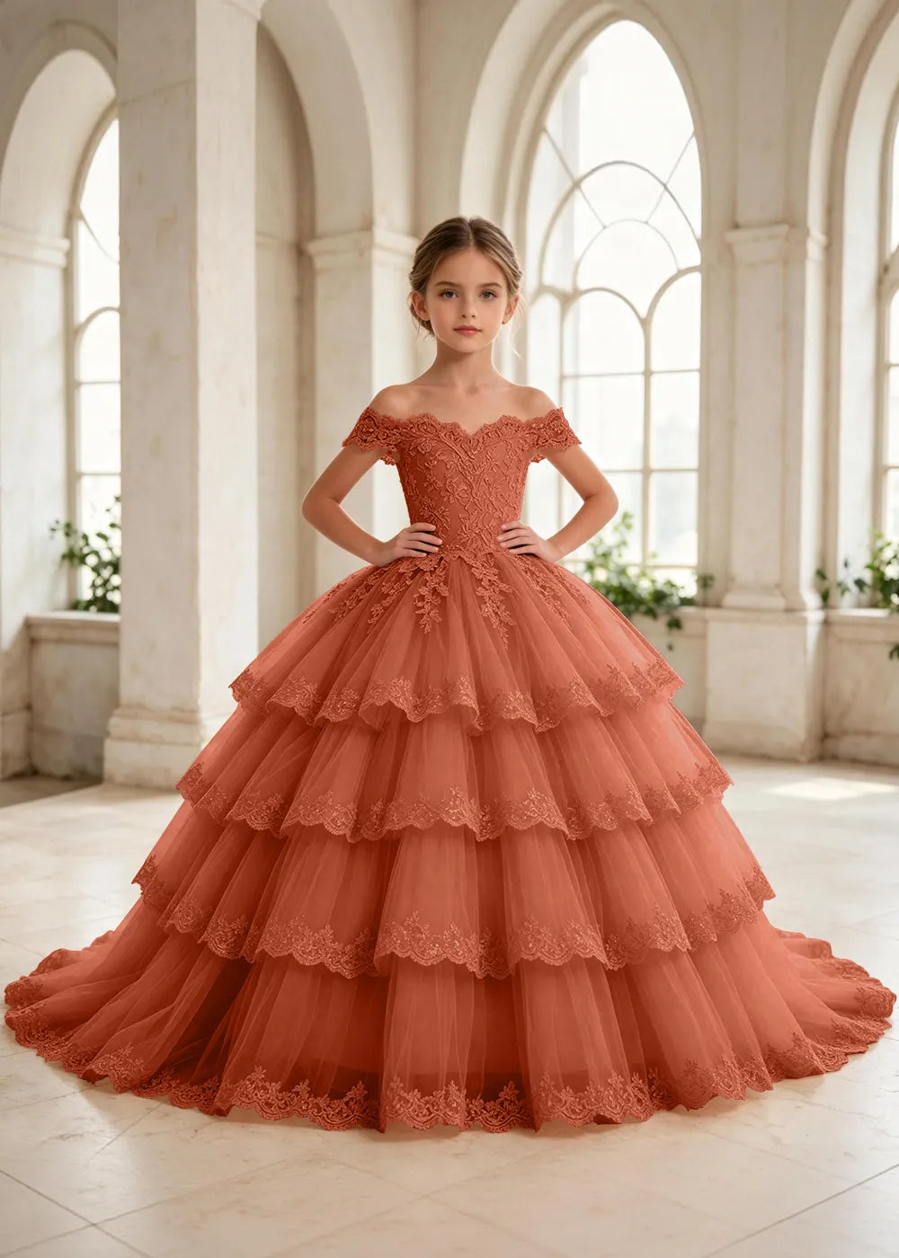 オフショルダーのレースプリンセスドレス