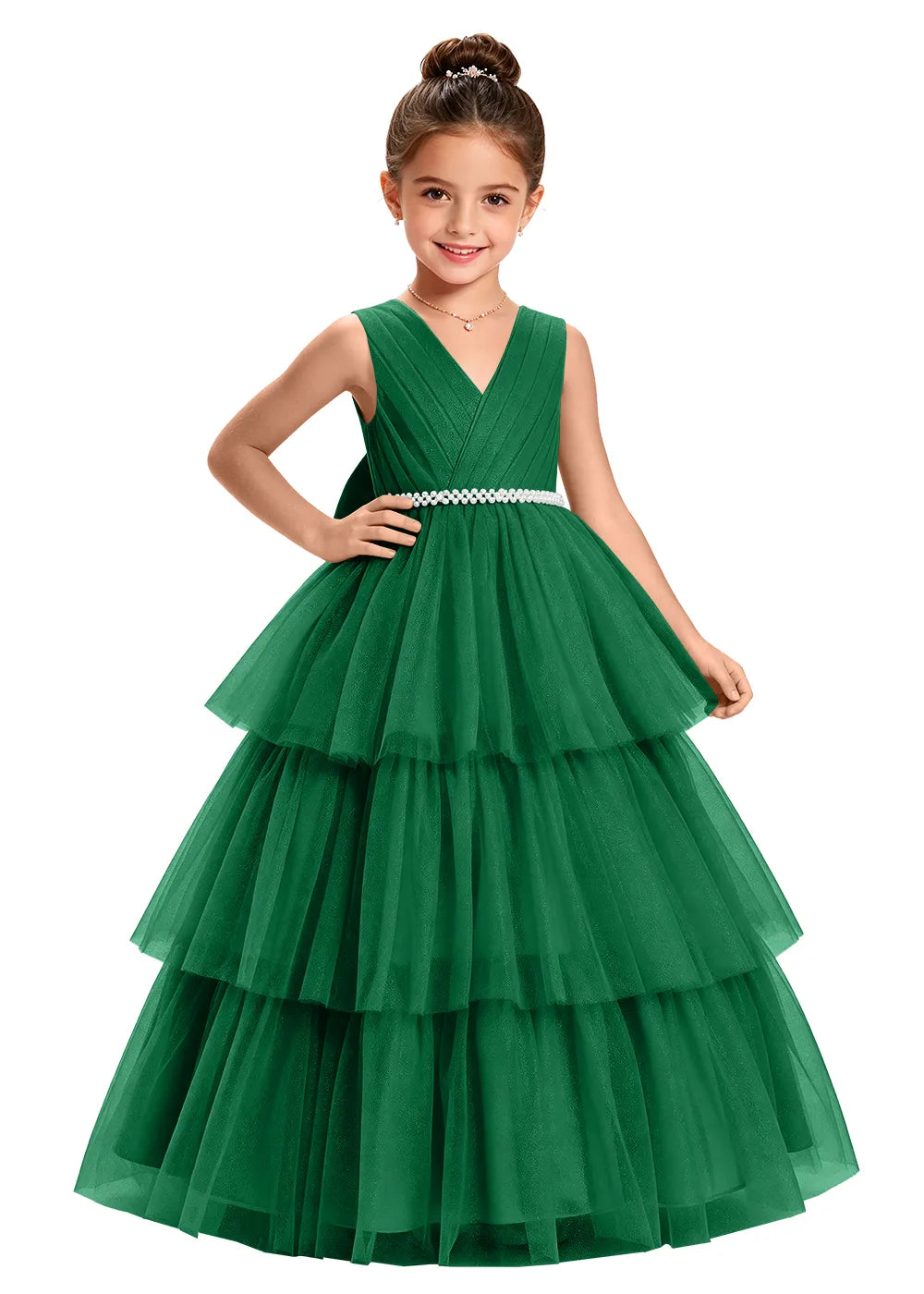 V-Neck Tiered Tulle Girls Princess Dress