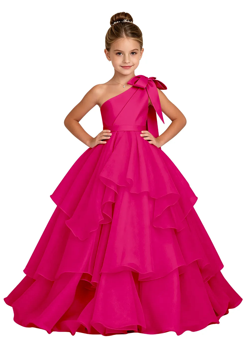 One-Shoulder Bow Tulle Girls Ball Gown