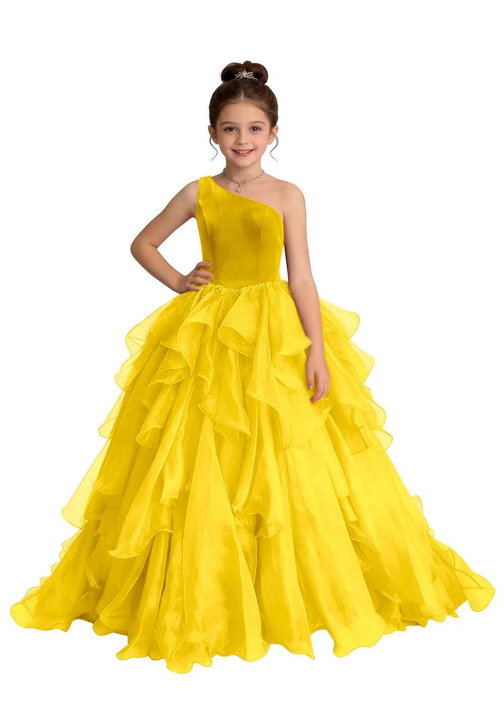 Asymmetric One-Shoulder Cascading Ruffle Girls Ball Gown