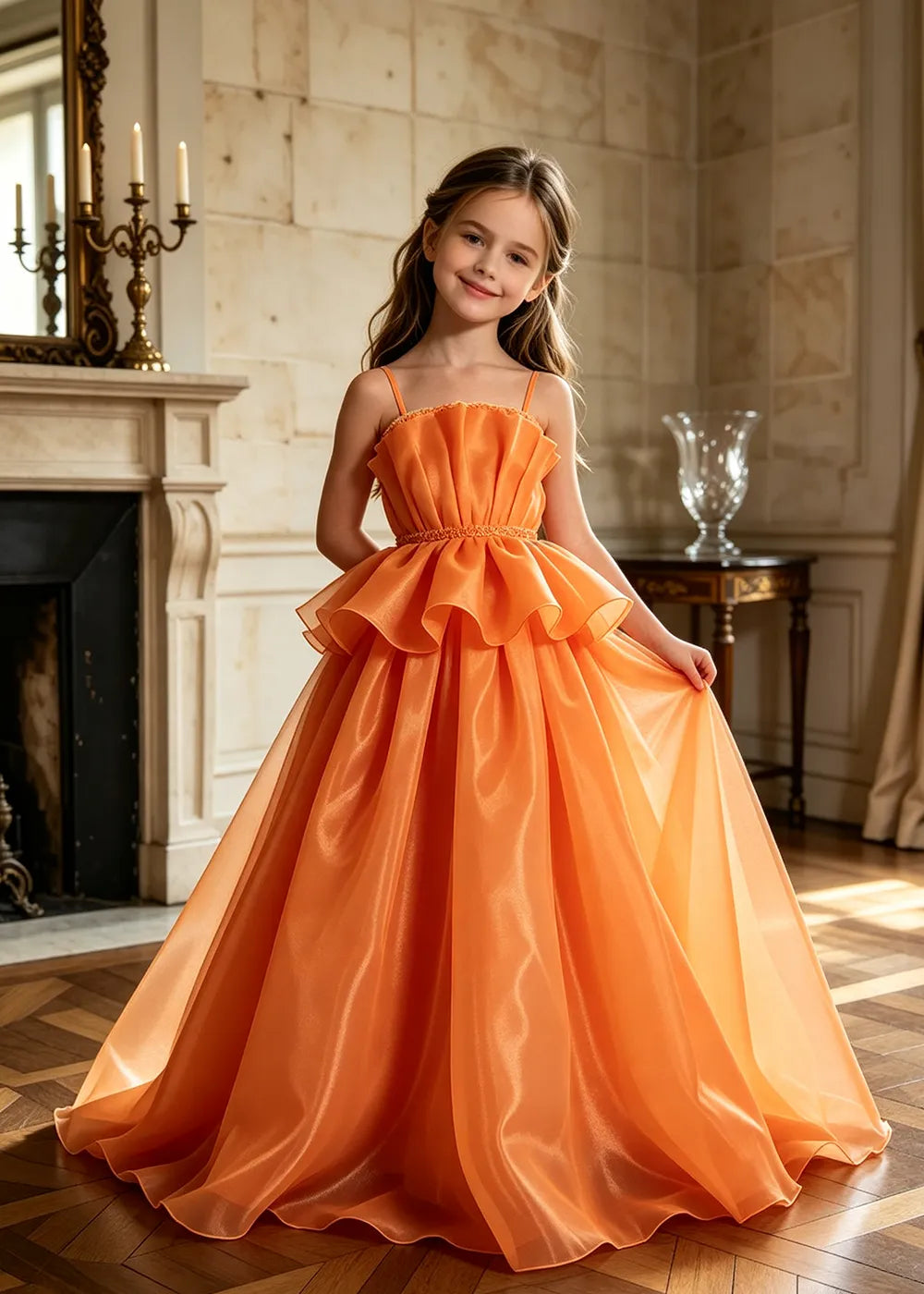 Pearl Waist Draped Flower Girl Ball Gown