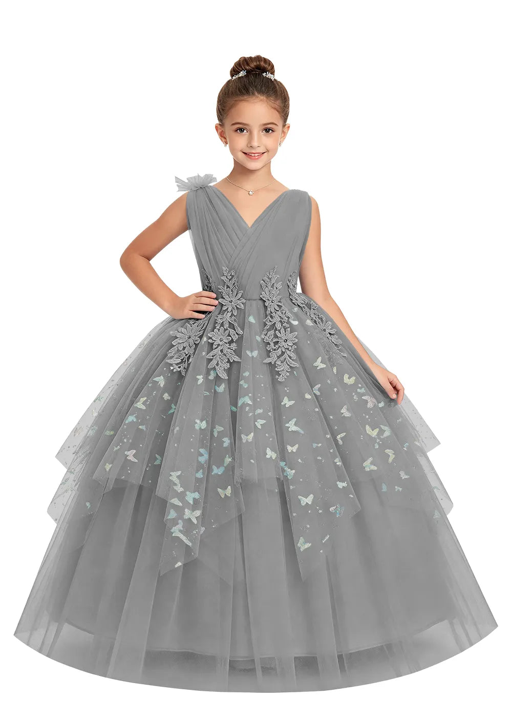 V-Neck Butterfly Flower Girl Dress