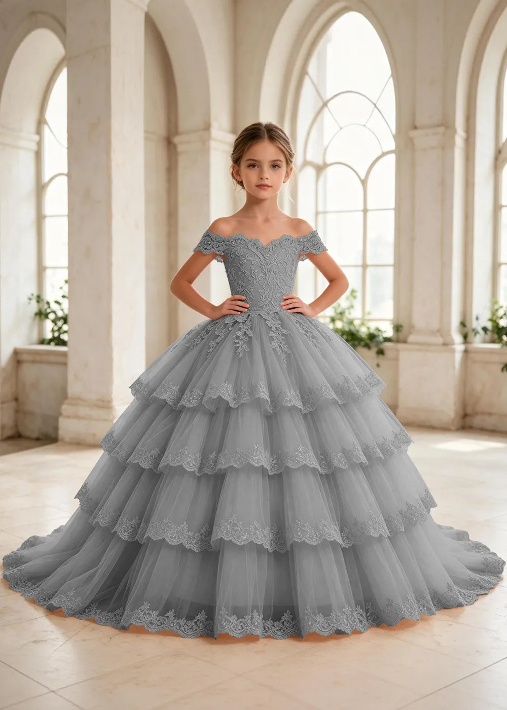 オフショルダーのレースプリンセスドレス