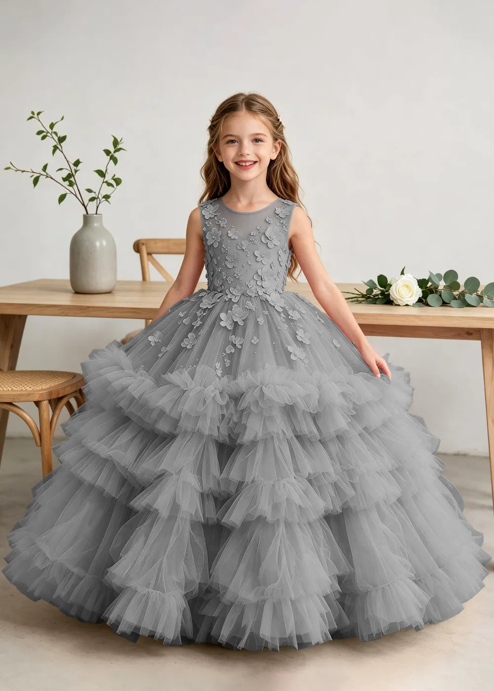 Luxury Floral Embroidered Ball Gown Dress for Little Girls