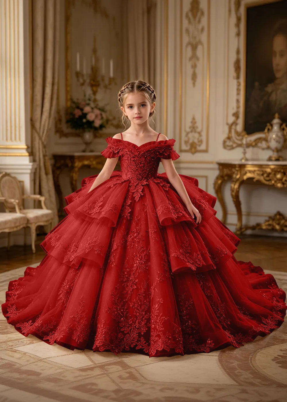 Luxury Princess Tulle Dress with Embroidered Lace and Long Train