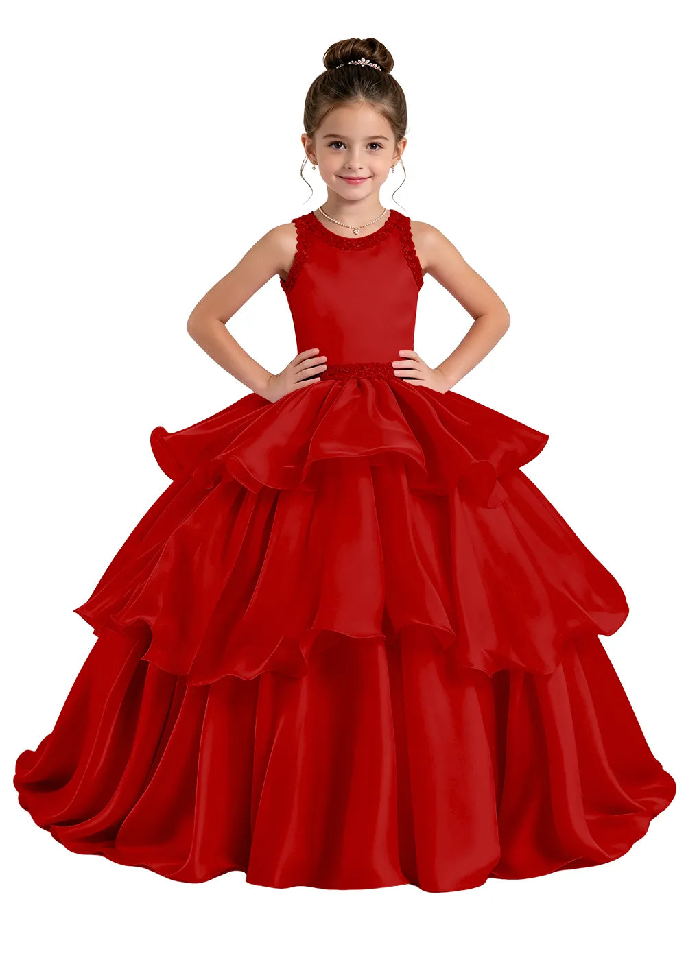 Lace-Trim Tiered Satin Girls Birthday Ball Gown