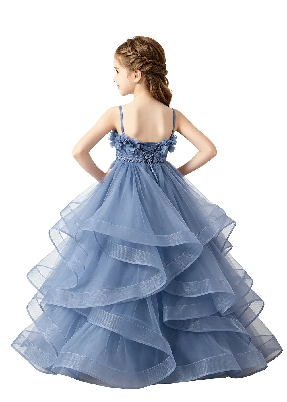 3D Floral Ruffle Tulle Girls Ball Gown