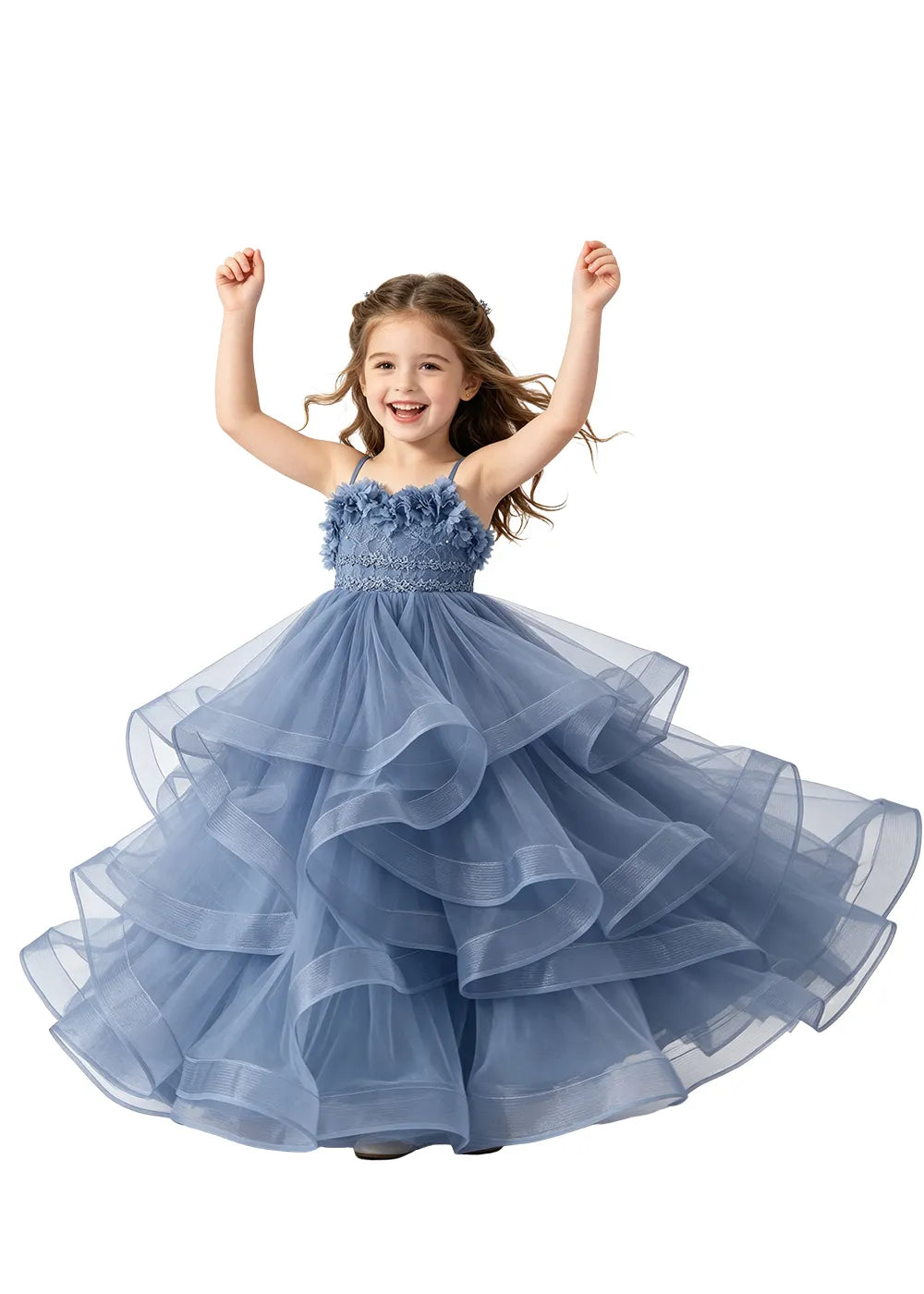 3D Floral Ruffle Tulle Girls Ball Gown