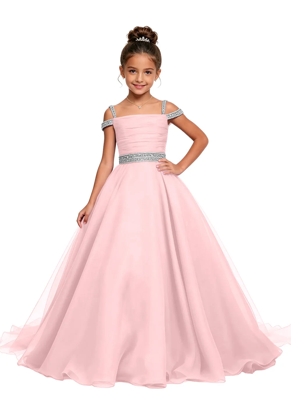 Off-Shoulder Satin Tulle Flower Girl Gown