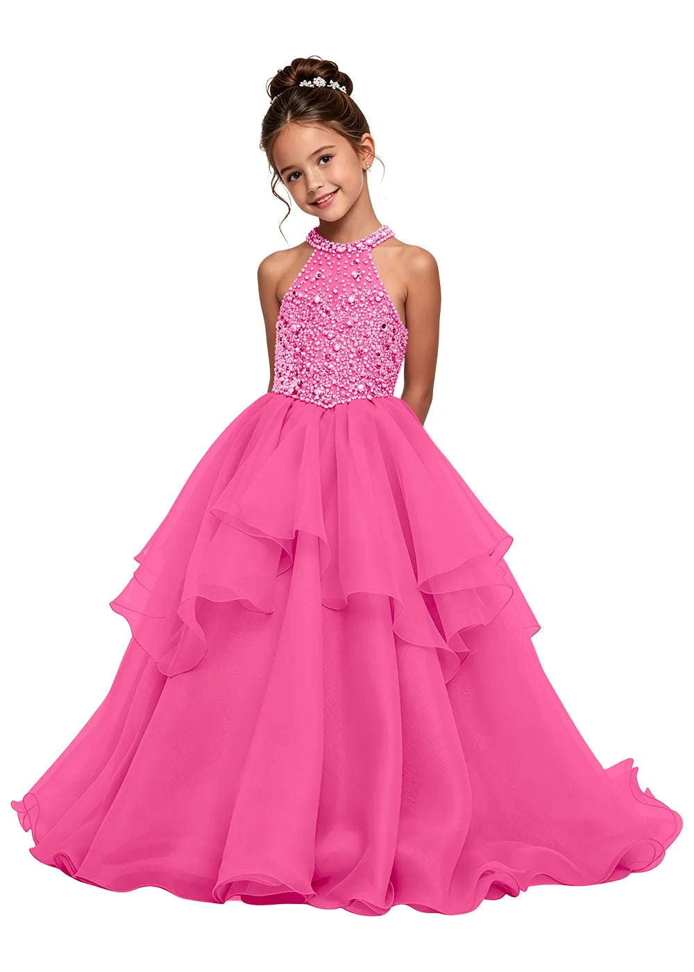 Beaded Halter Tiered Girls Pageant Dress