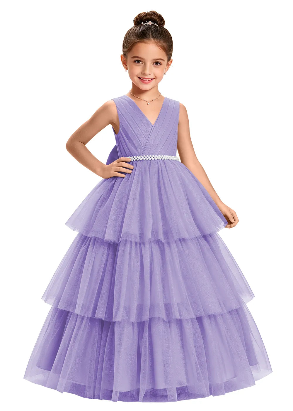 V-Neck Tiered Tulle Girls Princess Dress