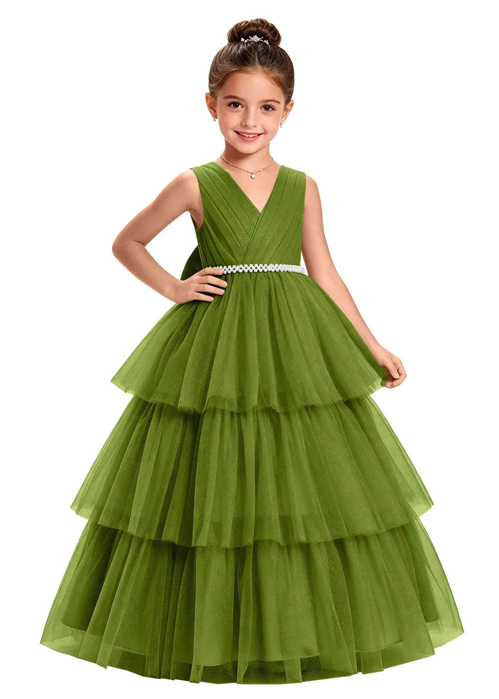 V-Neck Tiered Tulle Girls Princess Dress
