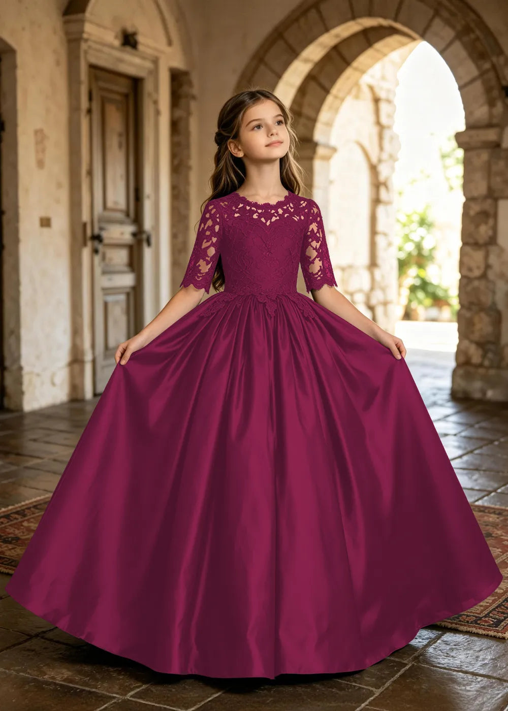 Floral Lace Satin Ball Gown for Girls