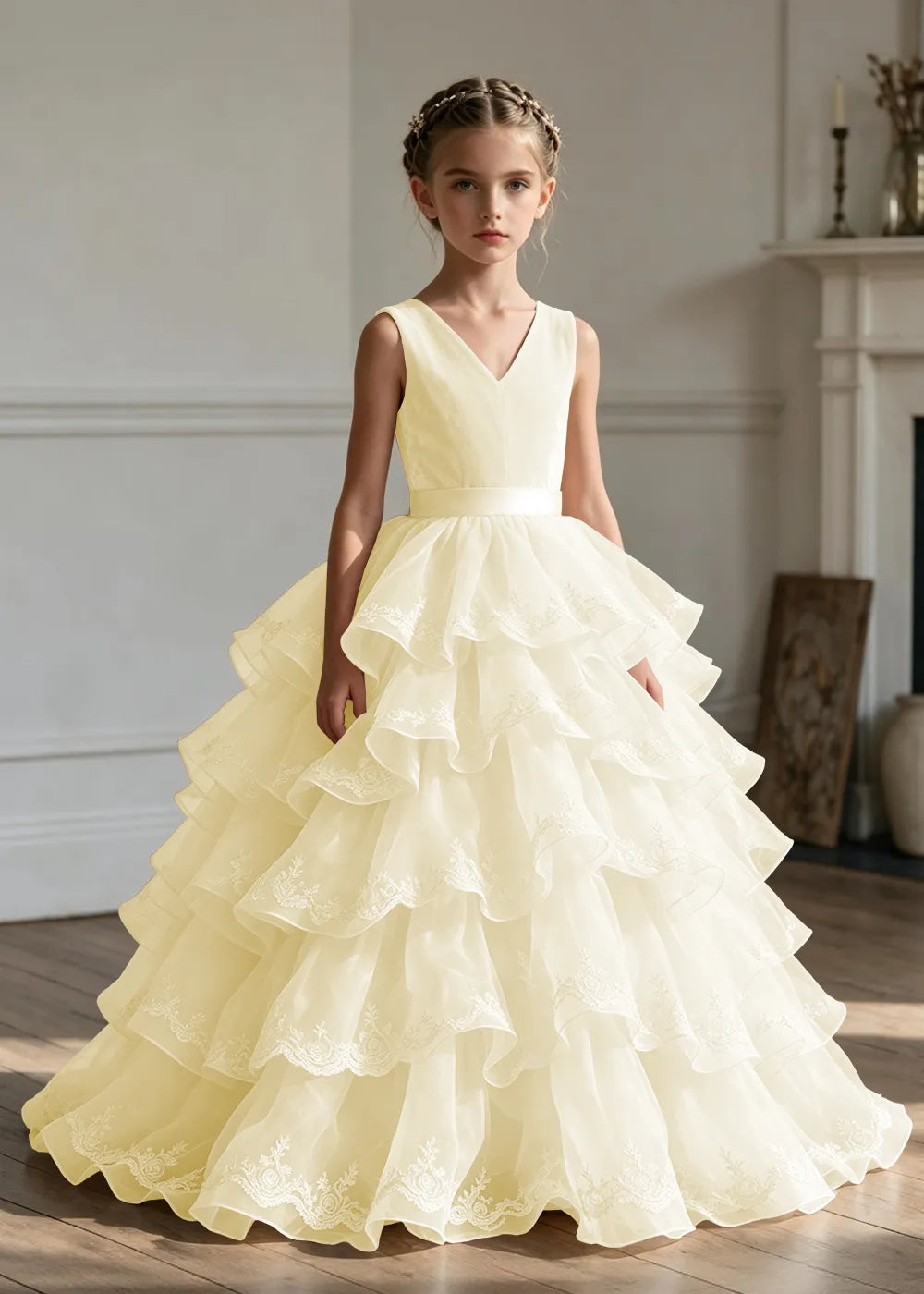 Elegant Girls Satin Princess Dress with Layered Ruffle Skirt