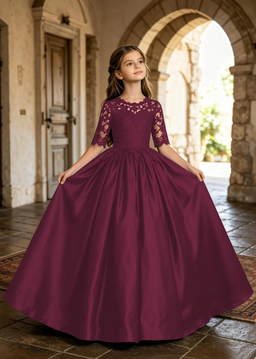 Floral Lace Satin Ball Gown for Girls