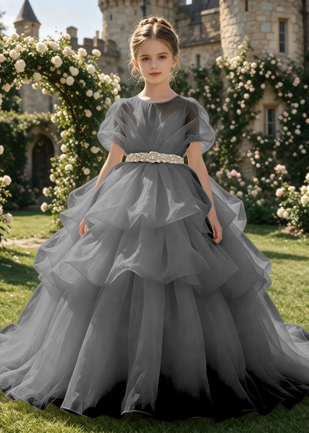 Jeweled Waist Puff Sleeve Flower Girl Ball Gown