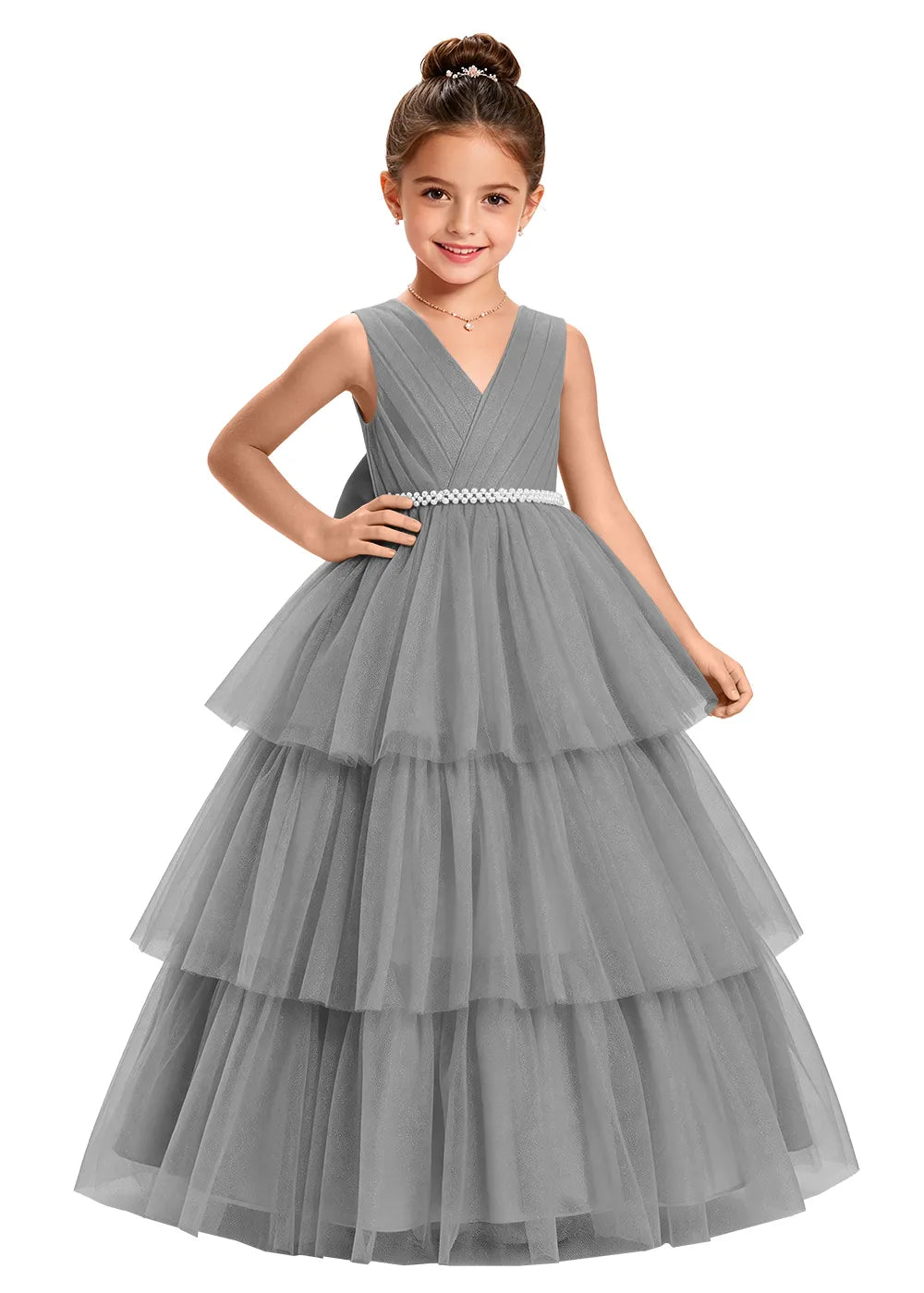 V-Neck Tiered Tulle Girls Princess Dress