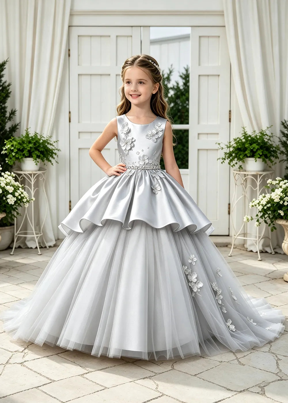Girls Formal Gown with Sleeveless Bodice and Tulle Ball Skirt