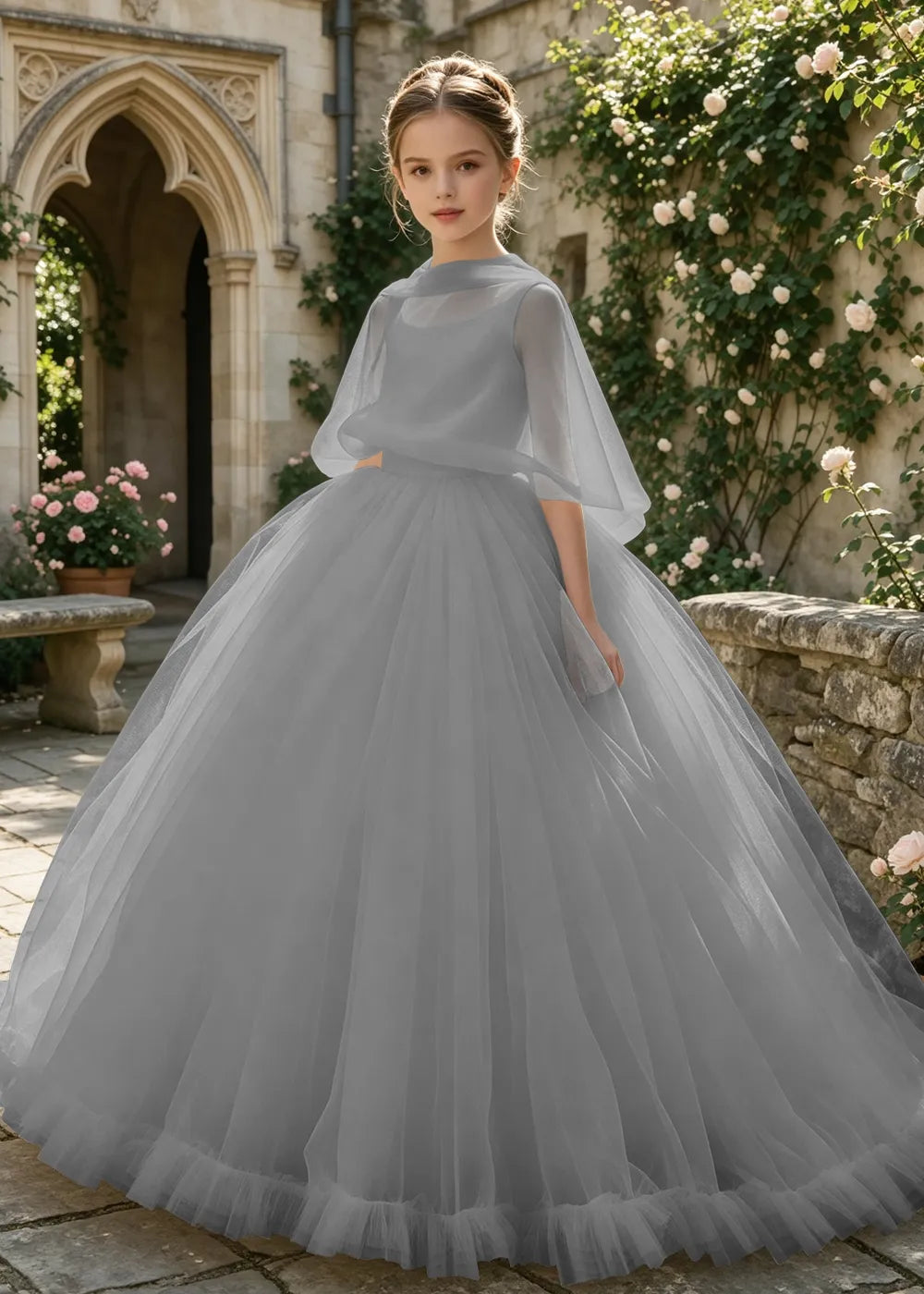Sheer Cape Tulle Flower Girl Ball Gown