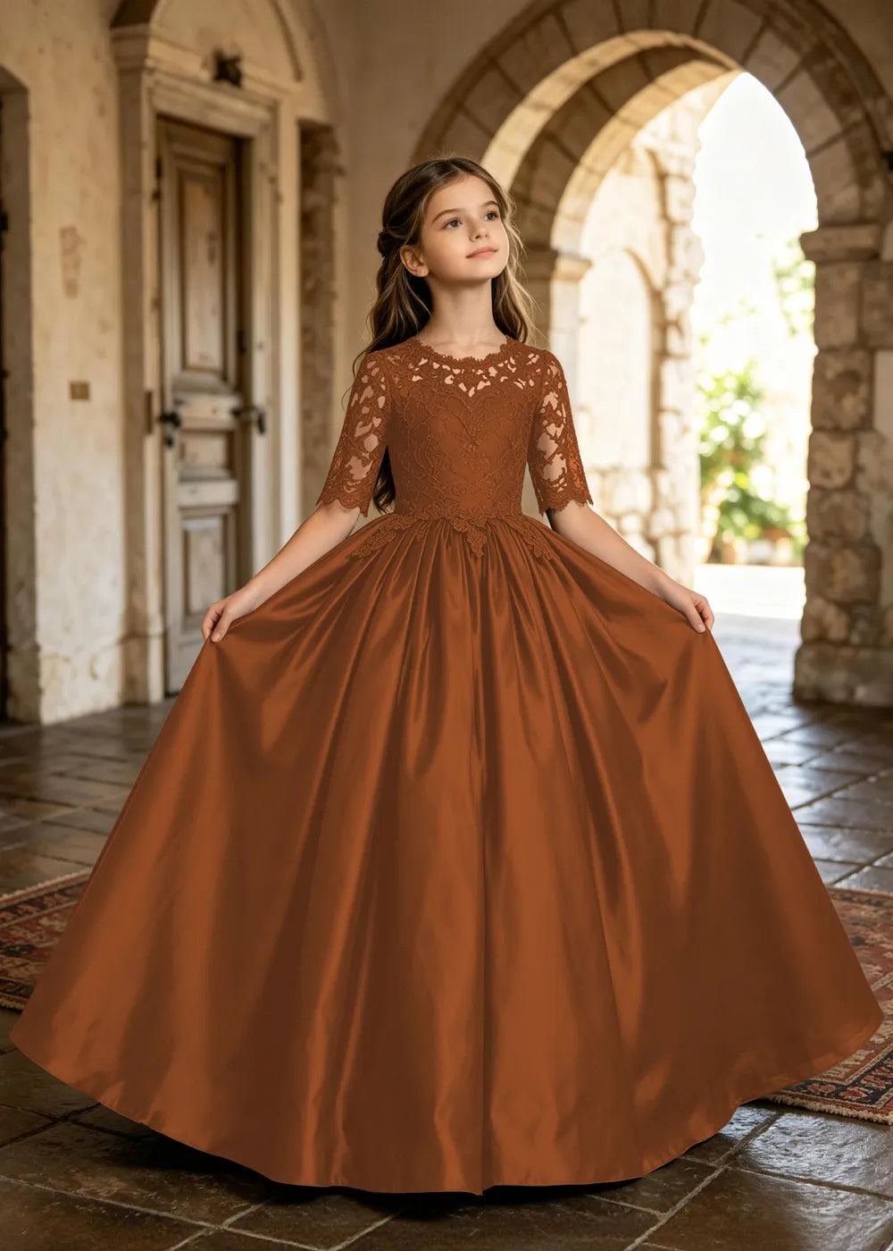 Floral Lace Satin Ball Gown for Girls